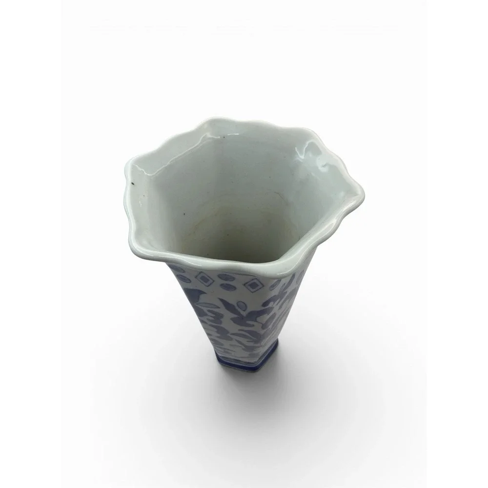 James Alex Imp. Porcelain Vase Blue & White Floral Hexagon 10